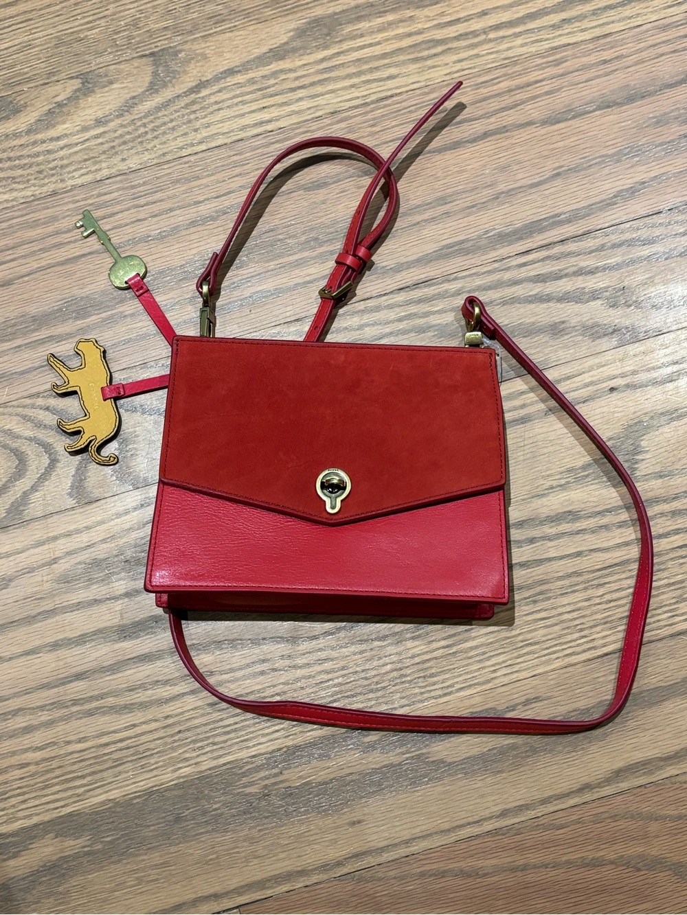 Fossil Red Two-Tone Leather Crossbody Bag with key and leopard charm